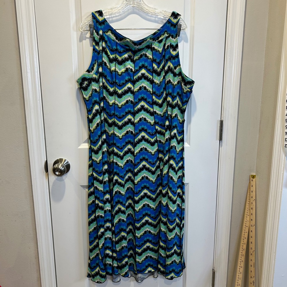 ILE New York Women Dress Blue Green Chevron Zig Zag Sleeveless 20W